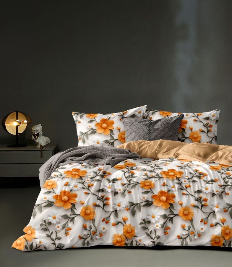 LOOMLYFE 300 TC 7D Microfiber XXL Soft Cotton Super King Size Bedsheet for Double Bed, King Size 108 Inches X 108 Inches, 9 Feet, 275 X 275 cm with 2 Large Size Pillow Covers, OrangeSunflower - Image 2