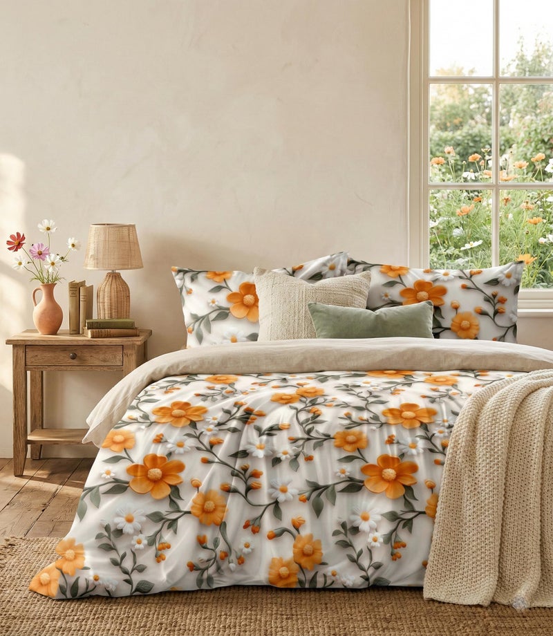 LOOMLYFE 300 TC 7D Microfiber XXL Soft Cotton Super King Size Bedsheet for Double Bed, King Size 108 Inches X 108 Inches, 9 Feet, 275 X 275 cm with 2 Large Size Pillow Covers, OrangeSunflower - Image 1