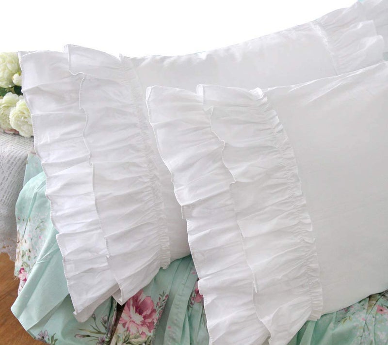 Queens House White Ruffle Pillow Shams Set of 2 Cotton Shabby Pillowcases Feminine Pillow Cover King Size