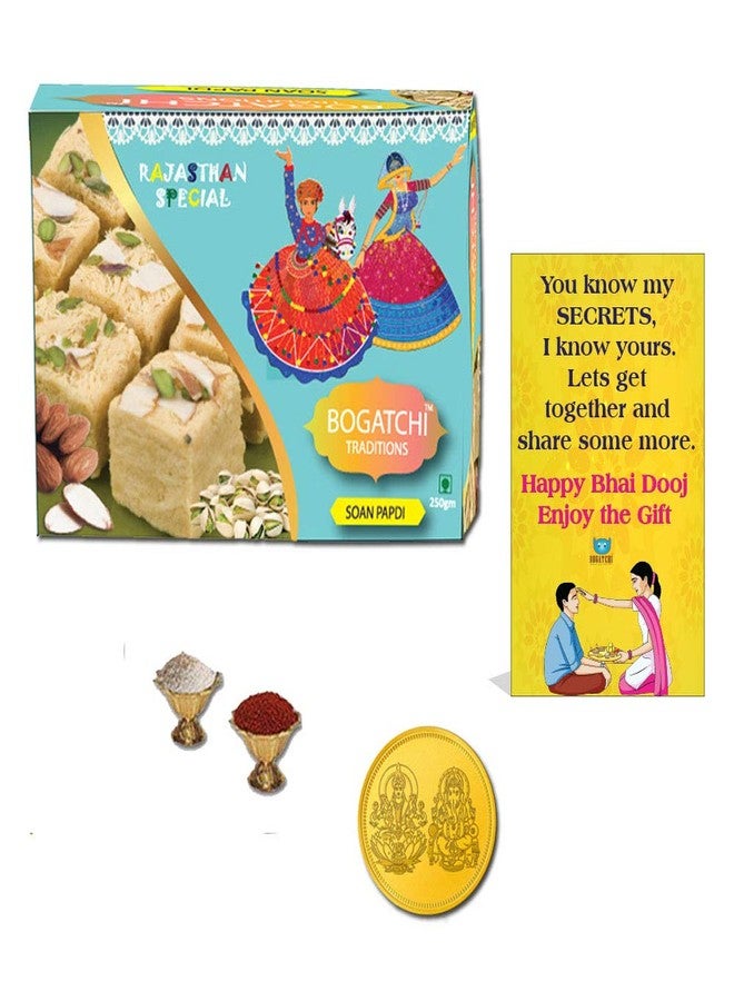 BOGATCHI Bhai Dooj Gifts Combo,Sweets, soan papdi Bhadooj Tilak Set with Gold Coin + Free Roli Chawal and Greeting Card