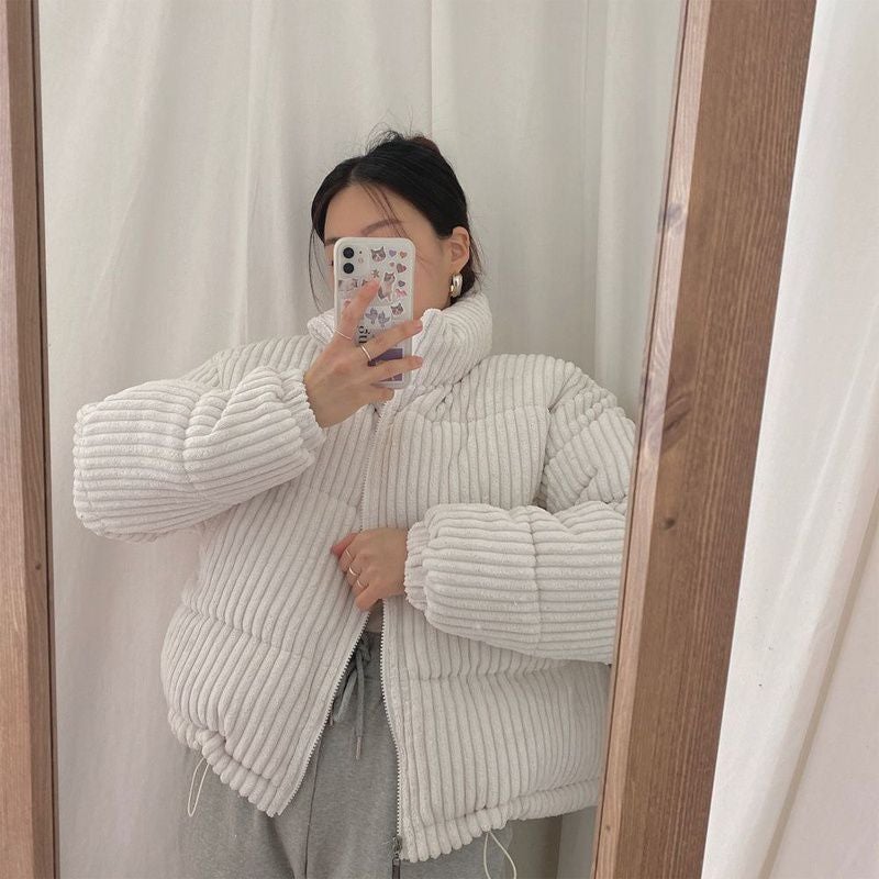 South Korea chic autumn and winter age-reducing pink skin-looking white stand collar pit design loose corduroy cotton-padded short coat for women Apricot  - Image 2