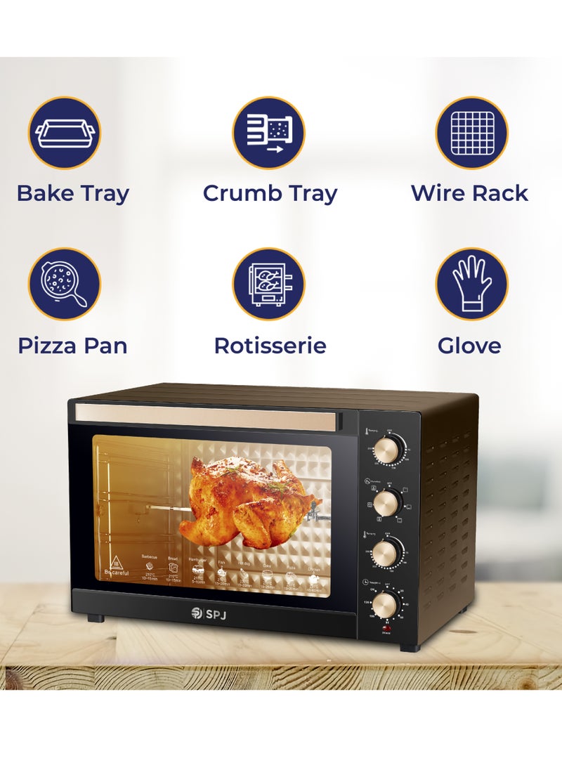 SPJ Electric Oven, 80L Oven, 2400W With 7 Power Levels, 70-250 °C Adjustable Temp.,120 Minutes Timer, 360° Motorised Rotisserie, Inner Lamp, Easy to Use, Color - Brown, EOW-BR80L01