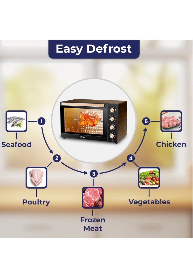 SPJ Electric Oven, 80L Oven, 2400W With 7 Power Levels, 70-250 °C Adjustable Temp.,120 Minutes Timer, 360° Motorised Rotisserie, Inner Lamp, Easy to Use, Color - Brown, EOW-BR80L01