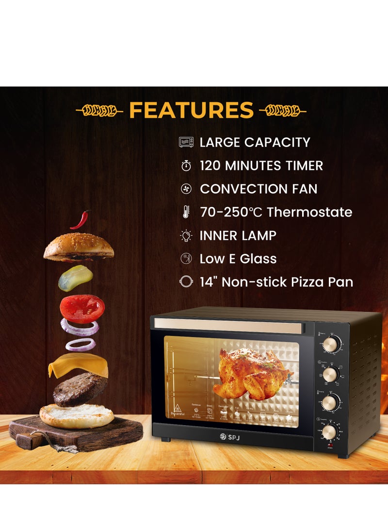 SPJ Electric Oven, 80L Oven, 2400W With 7 Power Levels, 70-250 °C Adjustable Temp.,120 Minutes Timer, 360° Motorised Rotisserie, Inner Lamp, Easy to Use, Color - Brown, EOW-BR80L01