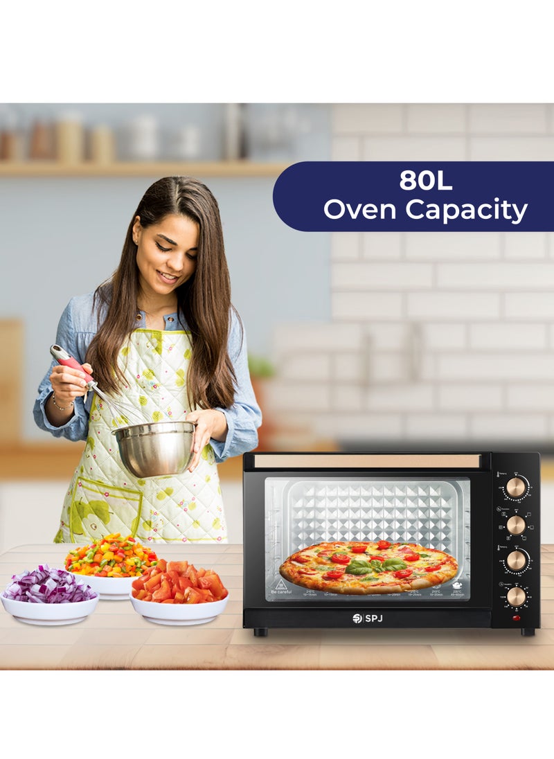 SPJ Electric Oven, 80L Oven, 2400W With 7 Power Levels, 70-250 °C Adjustable Temp.,120 Minutes Timer, 360° Motorised Rotisserie, Inner Lamp, Easy to Use, Color - Brown, EOW-BR80L01