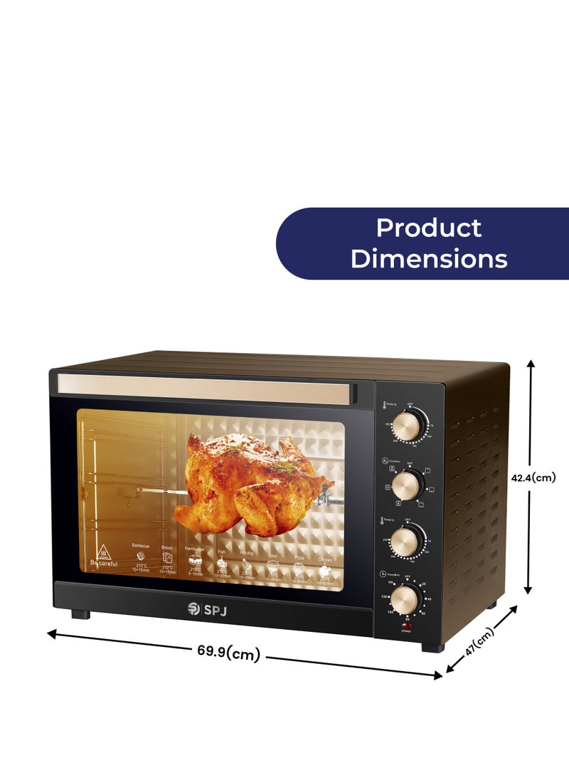 SPJ Electric Oven, 80L Oven, 2400W With 7 Power Levels, 70-250 °C Adjustable Temp.,120 Minutes Timer, 360° Motorised Rotisserie, Inner Lamp, Easy to Use, Color - Brown, EOW-BR80L01