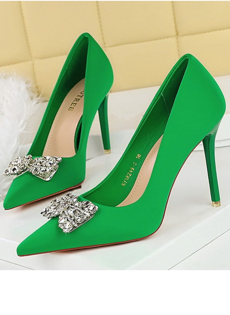 BIGTREE Women's Satin Closed Pointed Toe Stiletto Pump Rhinestone Bowknot Decoration High Heels Green 10.5 CM 