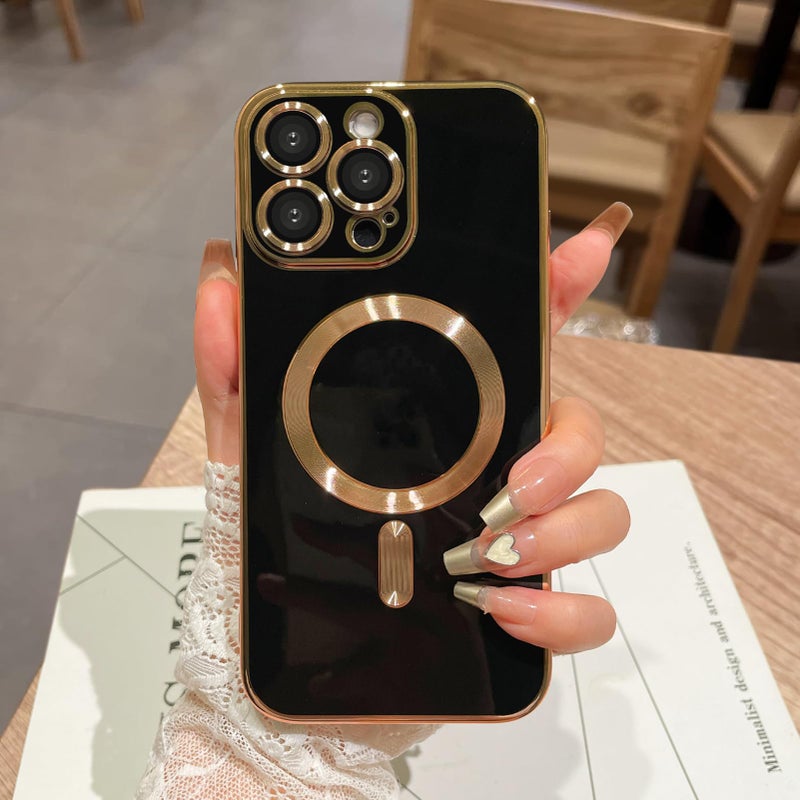 OOK Magnatic Case for iPhone 16 Pro Case [Compatible with MagSafe] Full Camera Lens Protector Gold Electroplate Edge Soft TPU Shockproof Protective Phone Case for Women Men 6.3 Inch - Black - Image 1