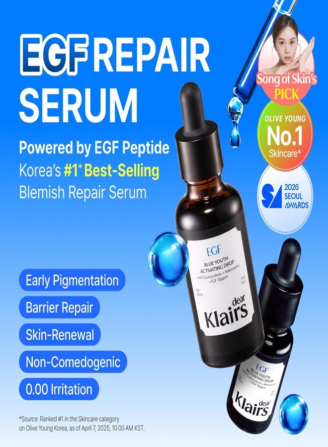 DearKlairs Korean EGF Serum - Blue Youth Activating Drop with EGF & FGF (10ppm Each), Barrier Repair & Post-Blemish Marks, Sensitive Skin-Friendly, Daily Calm & Soothe, 1.69 Fl Oz - Image 2
