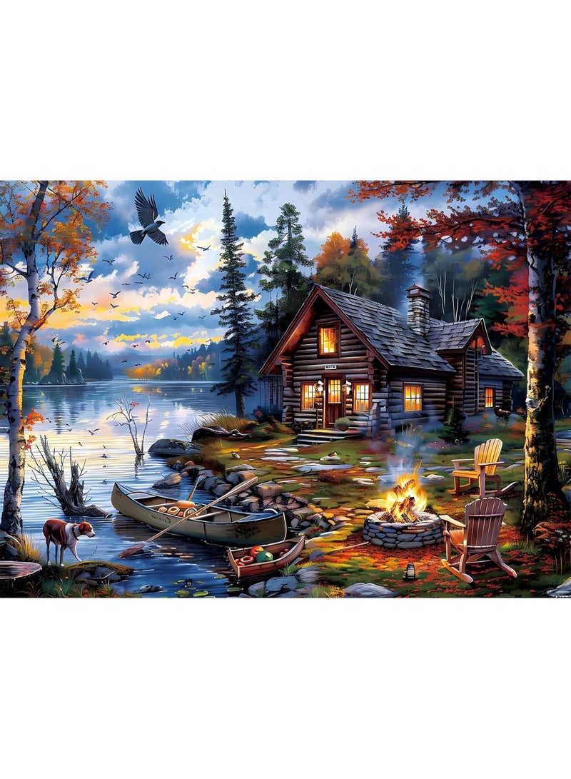 1000 قطعة من الألغاز ذات موضوع بحيرة الأكواخ مع نار المخيم - استمتع بتجربة الألغاز المثالية التي تجمع بين الهدوء والدفء - Image 1