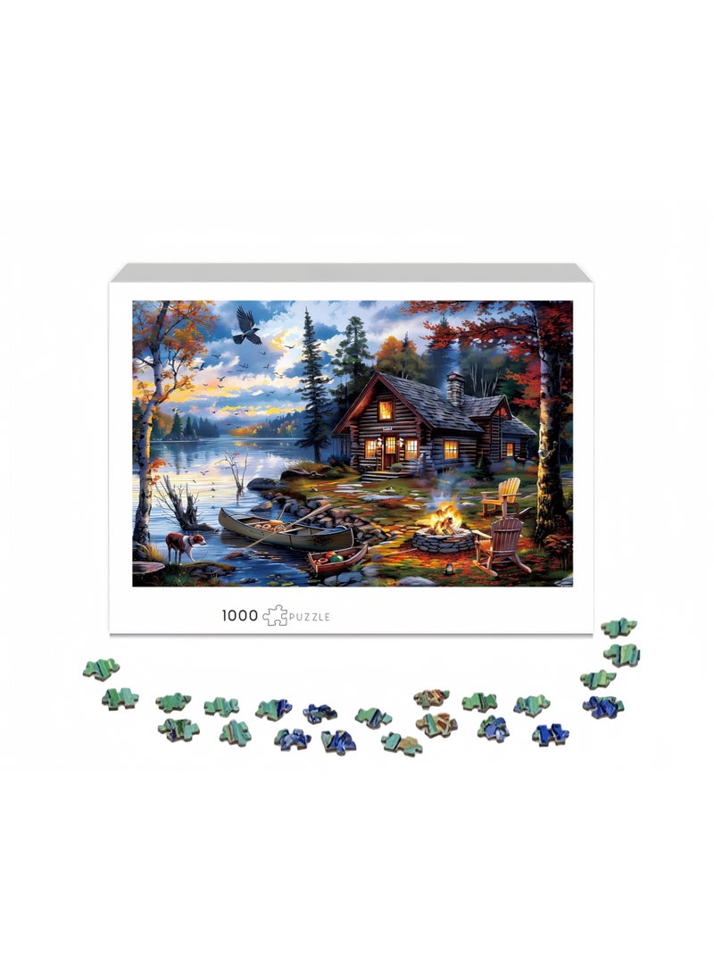 1000 قطعة من الألغاز ذات موضوع بحيرة الأكواخ مع نار المخيم - استمتع بتجربة الألغاز المثالية التي تجمع بين الهدوء والدفء - Image 2