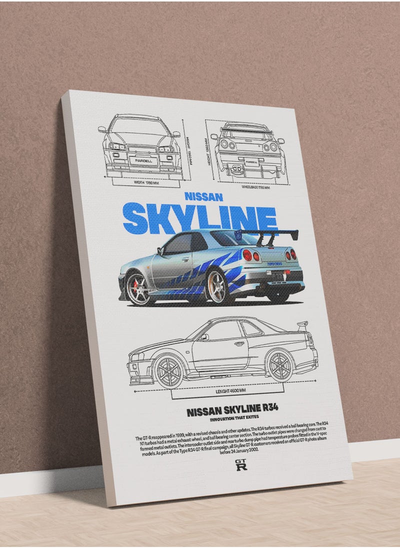 LOWHA Canvas Wall Art Stretched Over Wooden Frame with Nissan Skyline Sports Car Design  - Image 1