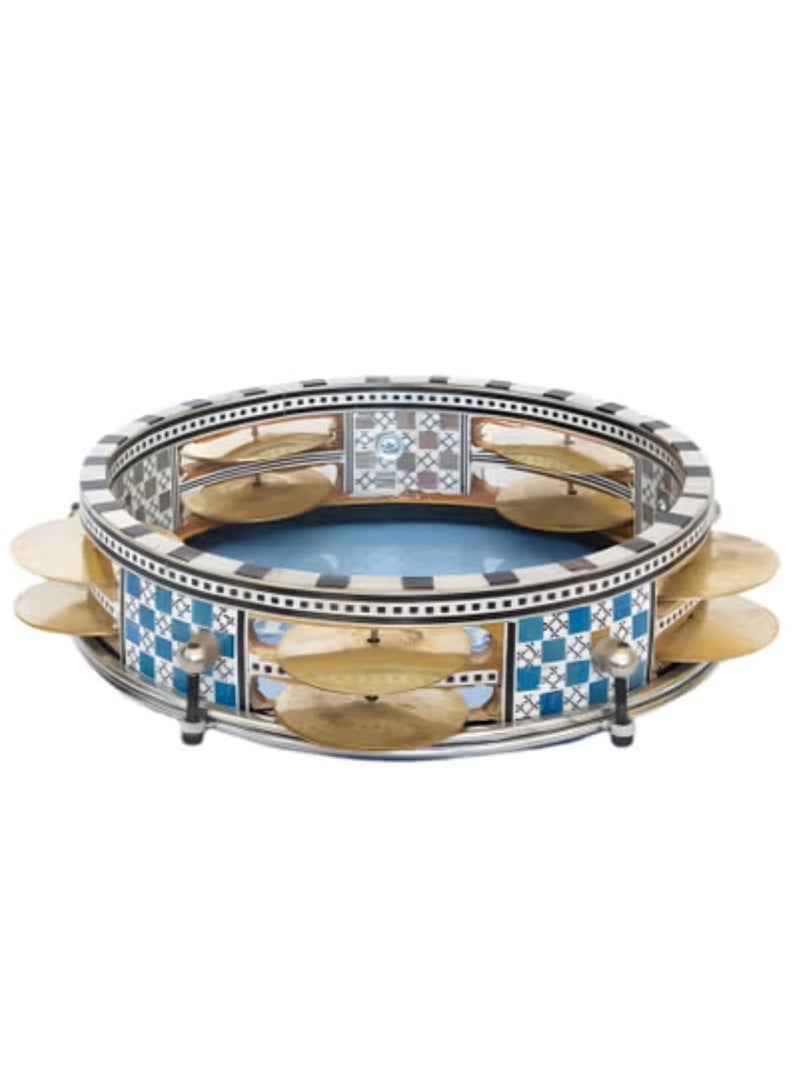 Oriental Wooden Riq Tambourine Req Traditional Egyptian Hand Drum Handmade Req Rek Mosaic Design Handheld Percussion Musical Instrument with 22cm Plastic Drumhead & Jingles + Tuning Key - Image 3