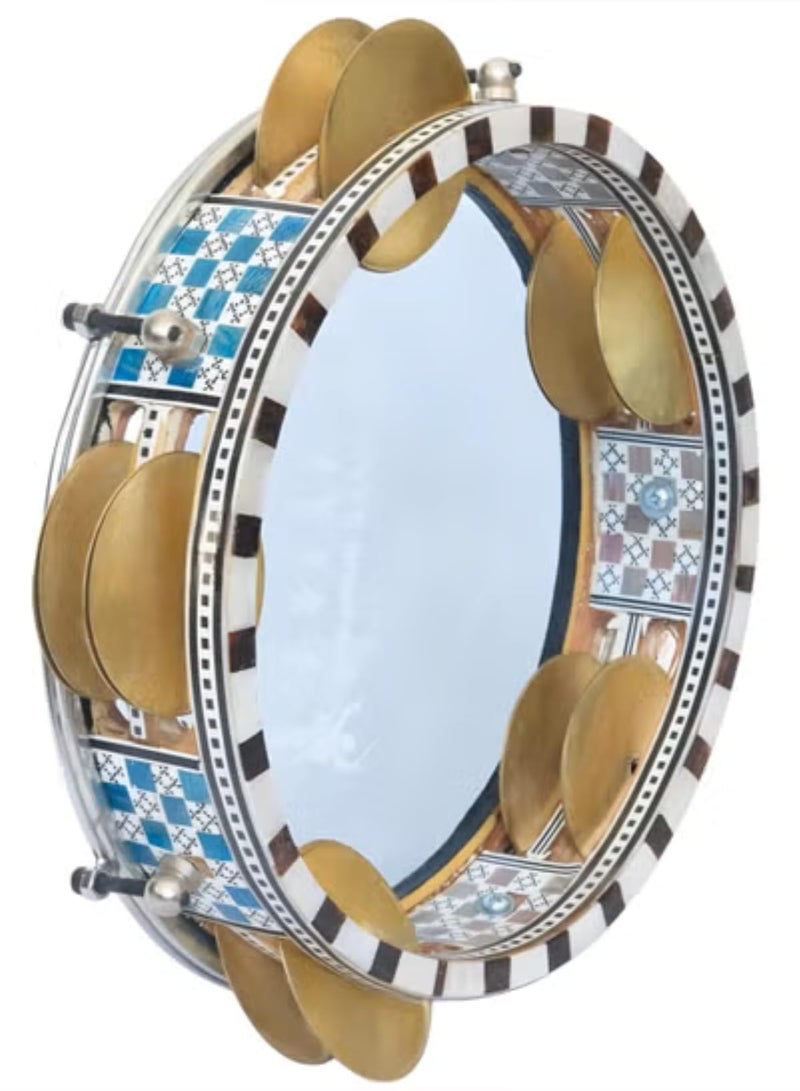 Oriental Wooden Riq Tambourine Req Traditional Egyptian Hand Drum Handmade Req Rek Mosaic Design Handheld Percussion Musical Instrument with 22cm Plastic Drumhead & Jingles + Tuning Key - Image 2