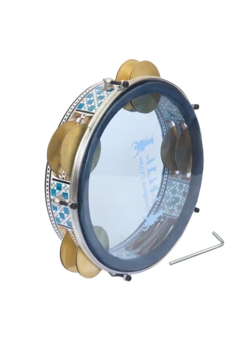 Oriental Wooden Riq Tambourine Req Traditional Egyptian Hand Drum Handmade Req Rek Mosaic Design Handheld Percussion Musical Instrument with 22cm Plastic Drumhead & Jingles + Tuning Key - Image 1