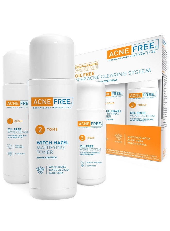AcneFree Acne Free 3 Step 24 Hour Acne Treatment Kit - Clearing System W Oil Free Acne Cleanser, Witch Hazel Toner, & Oil Free Acne Lotion - Acne Solution W/ Benzoyl Peroxide for Teens and Adults - Original - Image 1