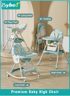 Bybeo Baby High Chair for Toddlers, Foldable Children Highchairs, Kids Dining Chair, Infant Feeding Booster Seat, Babies Rocker with Footrest, Backrest, 4 Wheels and Removable Tray  - Image 1