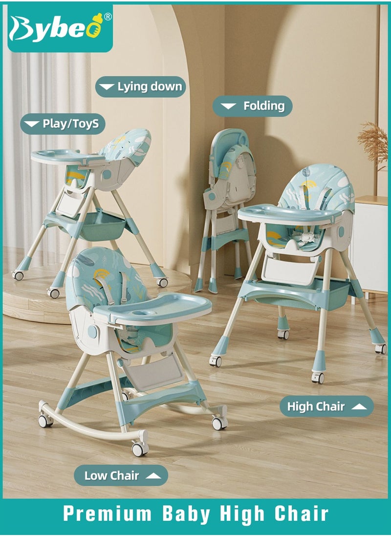 Bybeo Baby High Chair for Toddlers, Foldable Children Highchairs, Kids Dining Chair, Infant Feeding Booster Seat, Babies Rocker with Footrest, Backrest, 4 Wheels and Removable Tray  - Image 1