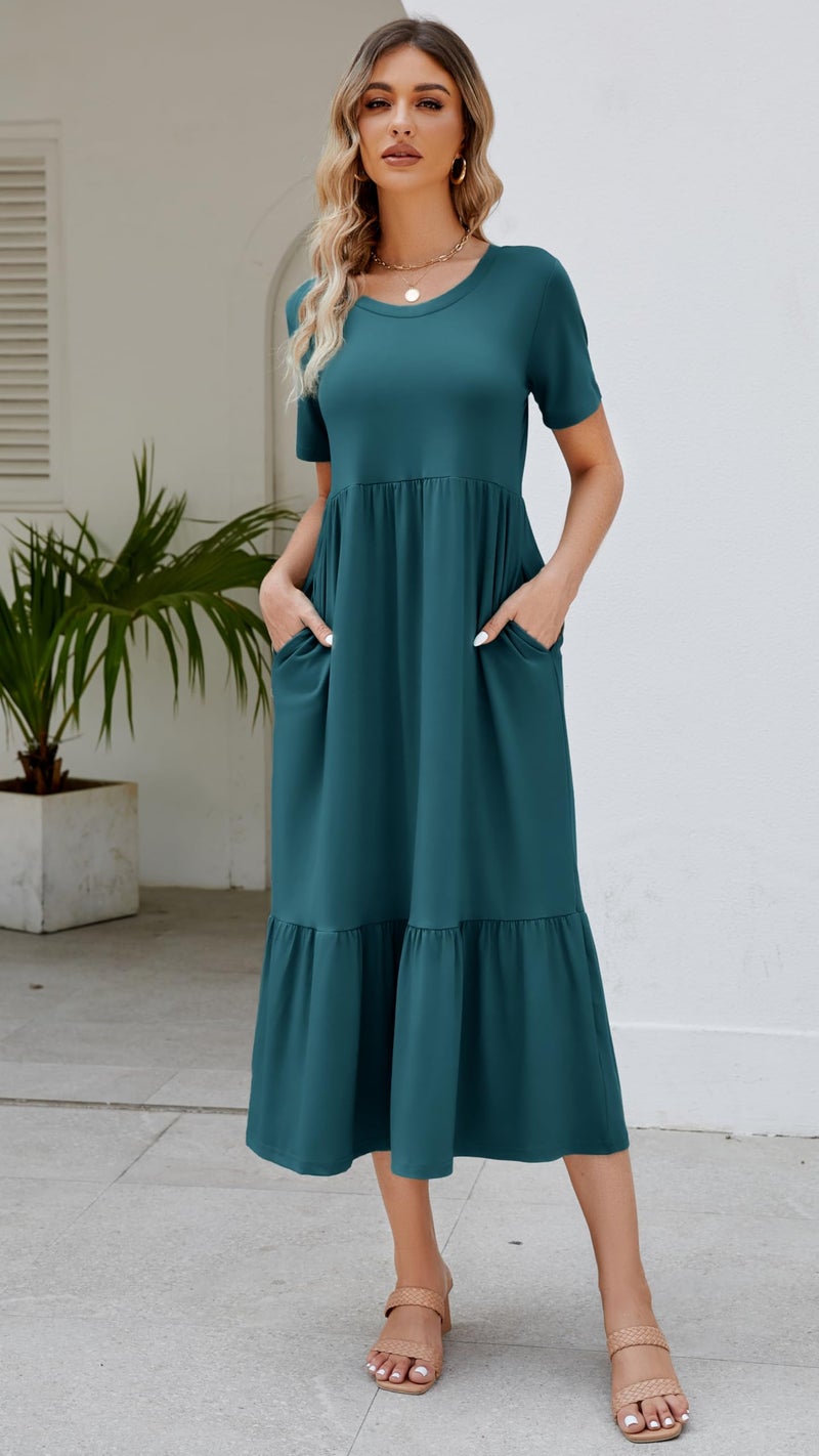 Jeqeocafy Summer Dresses for Women Flowy Maxi Sundress Short Sleeve Tiered Beach Dress with Pockets 2026 Vacation Travel Dark Blue - Image 2
