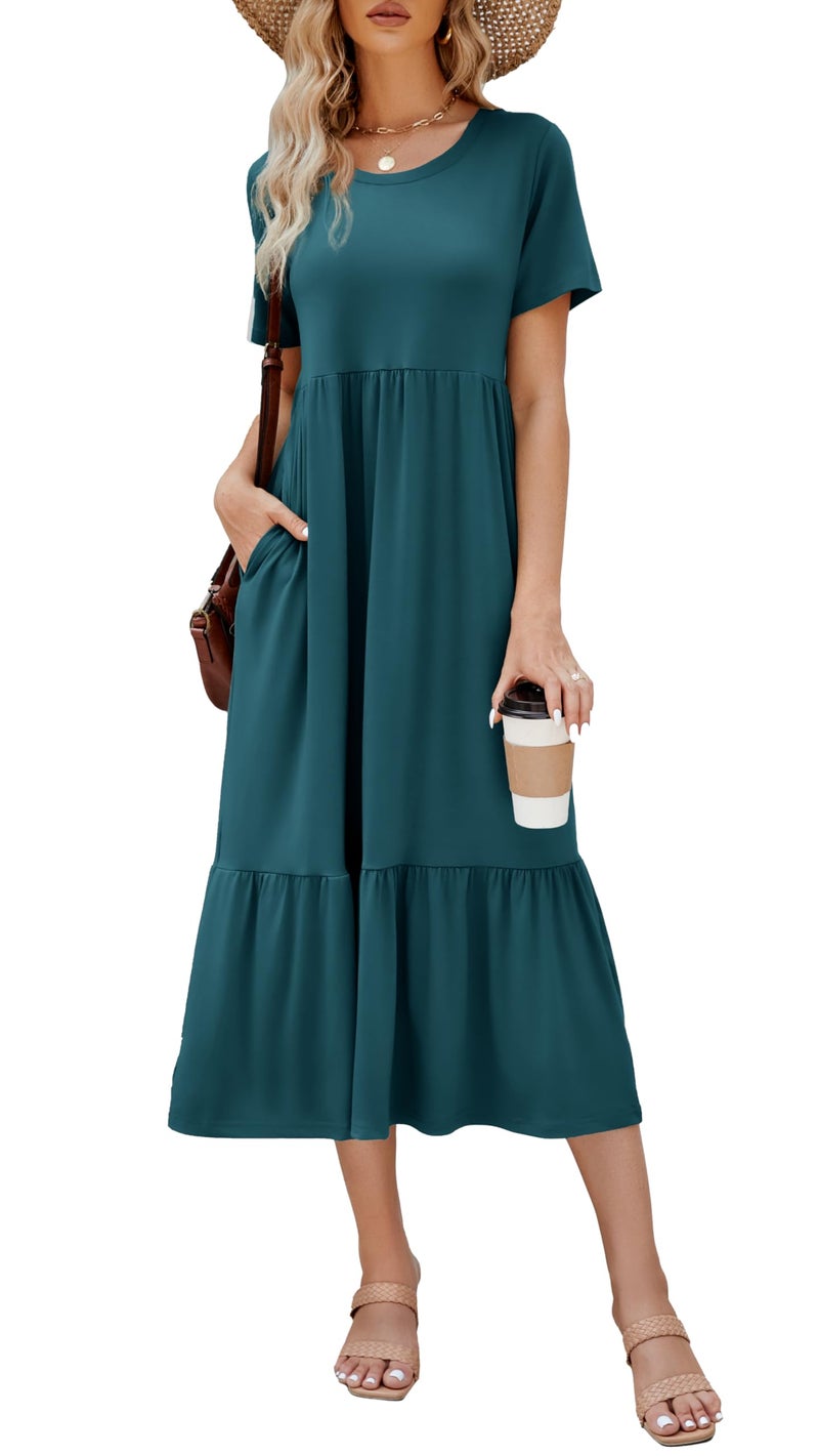 Jeqeocafy Summer Dresses for Women Flowy Maxi Sundress Short Sleeve Tiered Beach Dress with Pockets 2026 Vacation Travel Dark Blue - Image 1