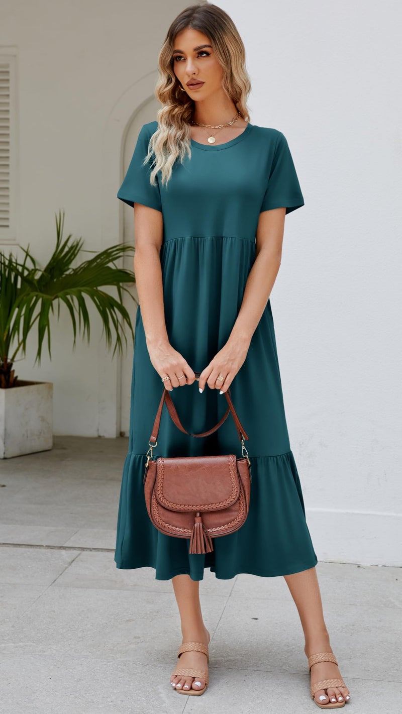 Jeqeocafy Summer Dresses for Women Flowy Maxi Sundress Short Sleeve Tiered Beach Dress with Pockets 2026 Vacation Travel Dark Blue - Image 3