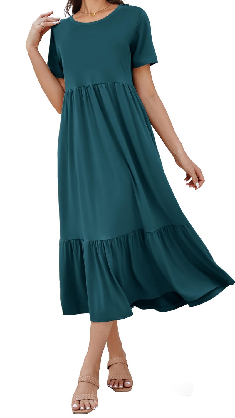 Jeqeocafy Summer Dresses for Women Flowy Maxi Sundress Short Sleeve Tiered Beach Dress with Pockets 2026 Vacation Travel Dark Blue - Image 5