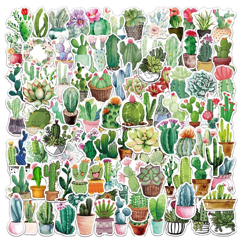 MAXLEAF 100PCS Vintage Green Plants Cactus Adhesive Stickers for Decoration Planner Phone Case Scrapbook Kids Helmets (Green Cactus) - Image 1