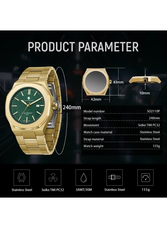 Sapphero  SAPPHERO Men's Watch Octagonal Stainless Steel 30M Waterproof Luminous Wristwatch Luxury Analog Quartz Watch for Men with Date Elegant Mens SO2110P for Men | Best Price UAE