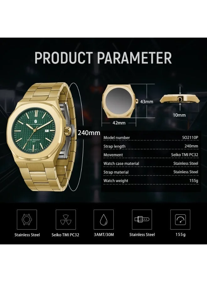 Sapphero  SAPPHERO Men's Watch Octagonal Stainless Steel 50M Waterproof Luminous Wristwatch Luxury Analog Quartz Watch for Men with Date Elegant Mens SO2110P for Men | Best Price UAE