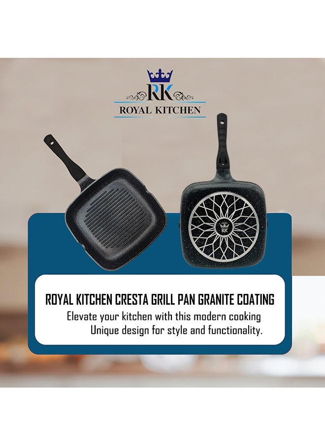 RK ROYAL KITCHEN Cresta Grill Pan 24 cm – Non Stick Diecast Marble Coated, Black, Stylish and Durable, Ergonomic Stay-Cool Handle, Side Pouring Holes, Perfect for Grilling Steaks, Vegetables, and Panini with Even Heat Distribution  - Image 5