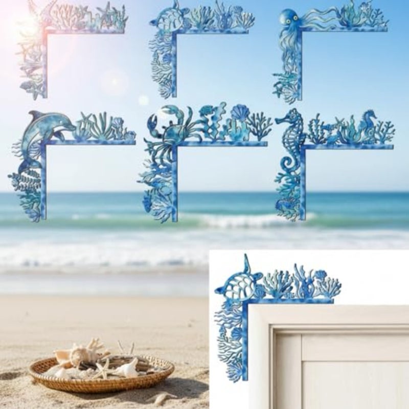 6 Pcs Door Frame tion Door Ocean Corner Frame Blue Coastal Topper Sign Sea Turtle Wall Decor Summer Nautical Craft Wall Decor for Home Office Indoor Outdoor Window - Image 1