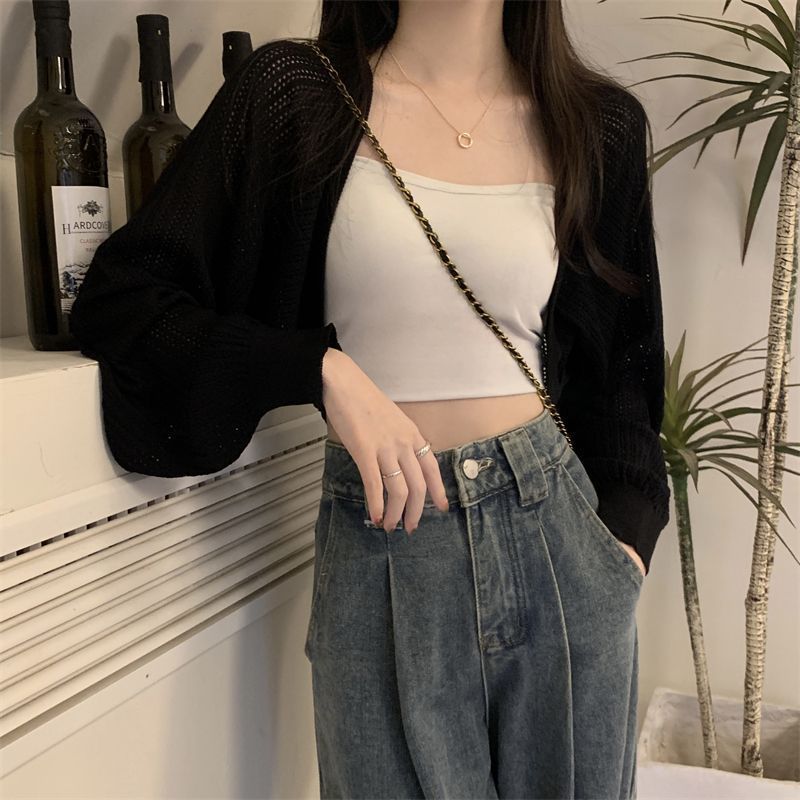 Summer 2024 New Suspender Skirt, Sun Protection Blouse, Shawl, Short Top, Short Cut Out Ice Silk Knitted Cardigan for Women Black [goddess style ins*0.9%]
