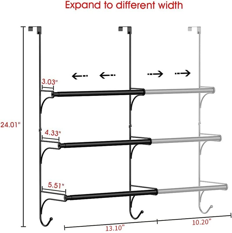 Auledio Adjustable Over The Door Triple Towel Rack with Hooks,Black - Image 2