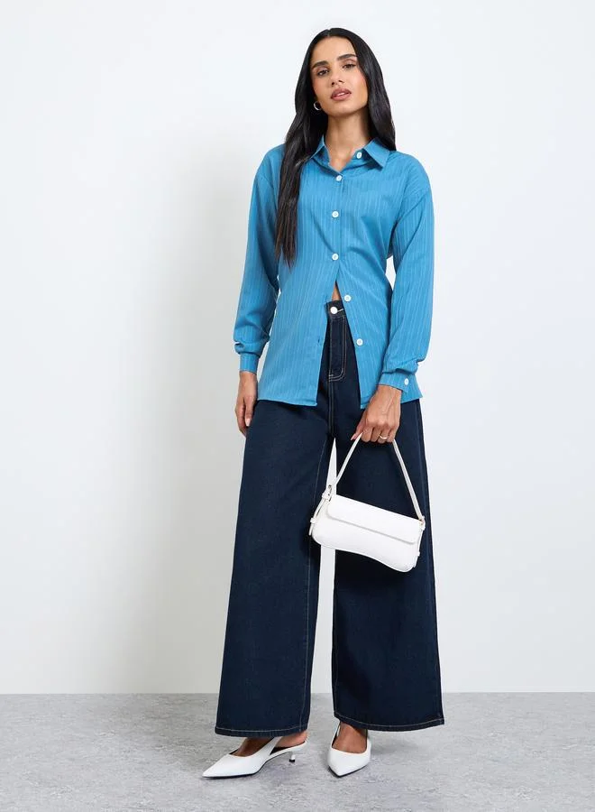 تايك تو Blue Longline Shirt with Tie-Back Detail