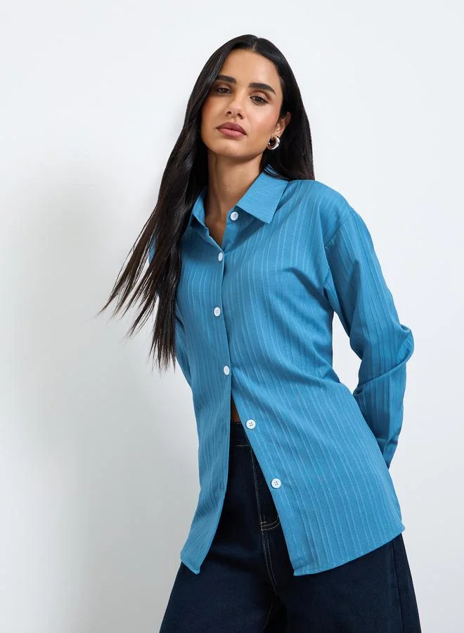 تايك تو Blue Longline Shirt with Tie-Back Detail
