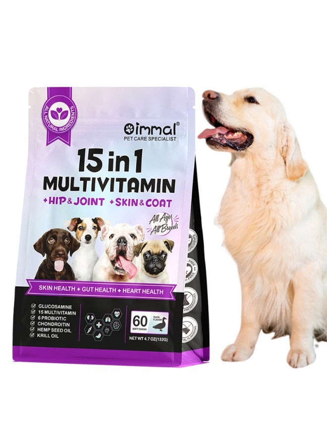 Oimmal 60 Pcs 132g 15in1 Multivitamin Supplements Treats for Dogs  with Glucosamine & Probiotics，Natural Daily Vitamins Chews for Dogs,Pet Health Support-Skin-Immunity-Gut Digestion-Joint-Heart,Duck Flavor Dog Chews - Image 3