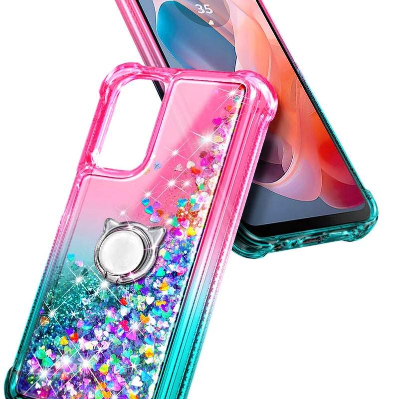 WDHD Compatible with Samsung Galaxy A35-5G Phone Case Pink/Aqua | Glitter Floating Liquid Cute Cover with Tempered Glass Screen Protector/Ring Holder/Diamond Wrist Strap Lanyard - Image 4