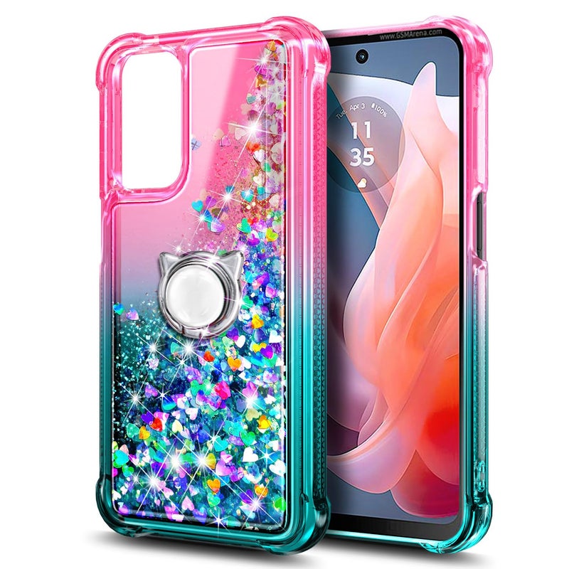 WDHD Compatible with Samsung Galaxy A35-5G Phone Case Pink/Aqua | Glitter Floating Liquid Cute Cover with Tempered Glass Screen Protector/Ring Holder/Diamond Wrist Strap Lanyard - Image 5