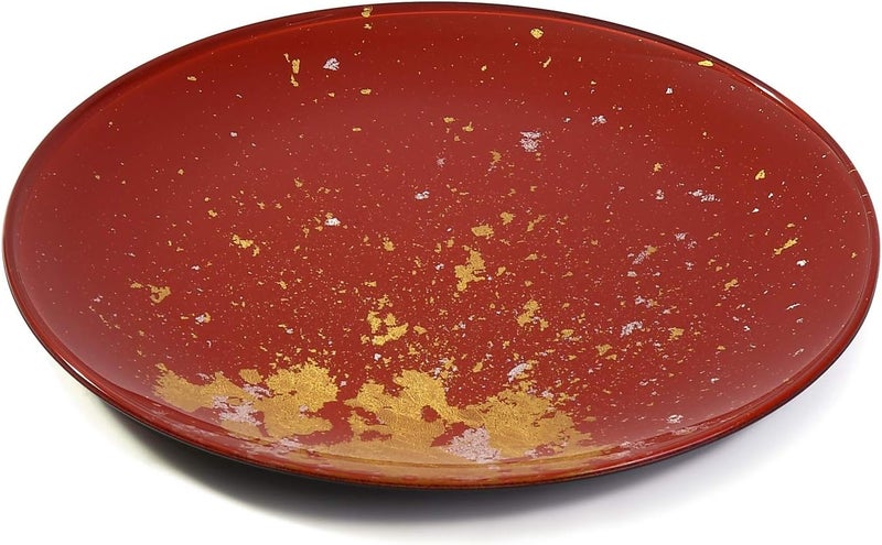 Syosaku Japanese Urushi Glass Flat Dinner Plate 11inch Vermilion with Gold Leaf Dishwasher Safe - Image 3
