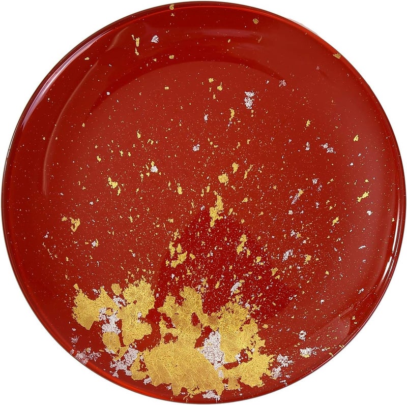 Syosaku Japanese Urushi Glass Flat Dinner Plate 11inch Vermilion with Gold Leaf Dishwasher Safe - Image 1