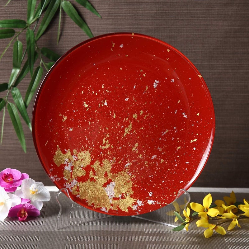 Syosaku Japanese Urushi Glass Flat Dinner Plate 11inch Vermilion with Gold Leaf Dishwasher Safe - Image 2