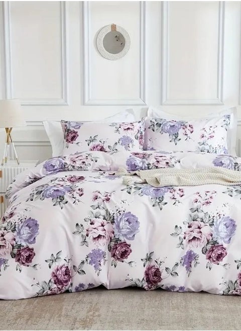 King size 6 piece bedding set, white bed linen with purple floral pattern.