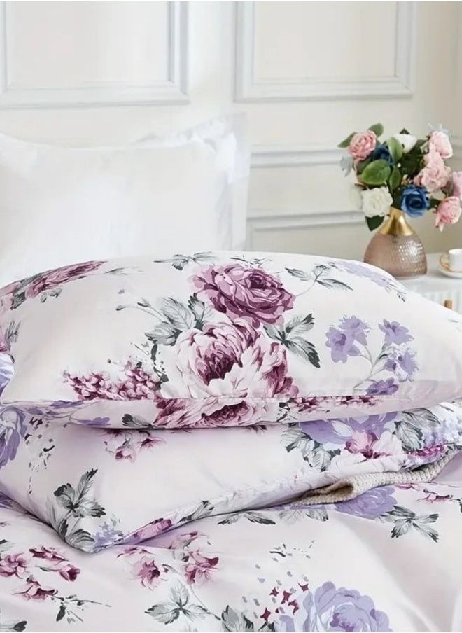 LUNA Home - King size 6 piece bedding set, white bed linen with purple floral pattern. - Image 1