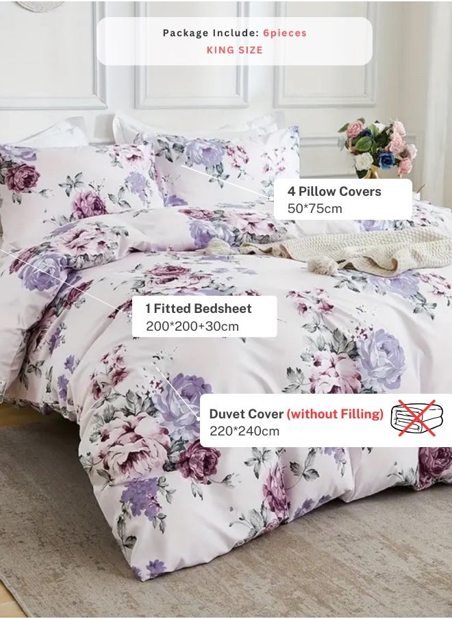 LUNA Home - King size 6 piece bedding set, white bed linen with purple floral pattern. - Image 1