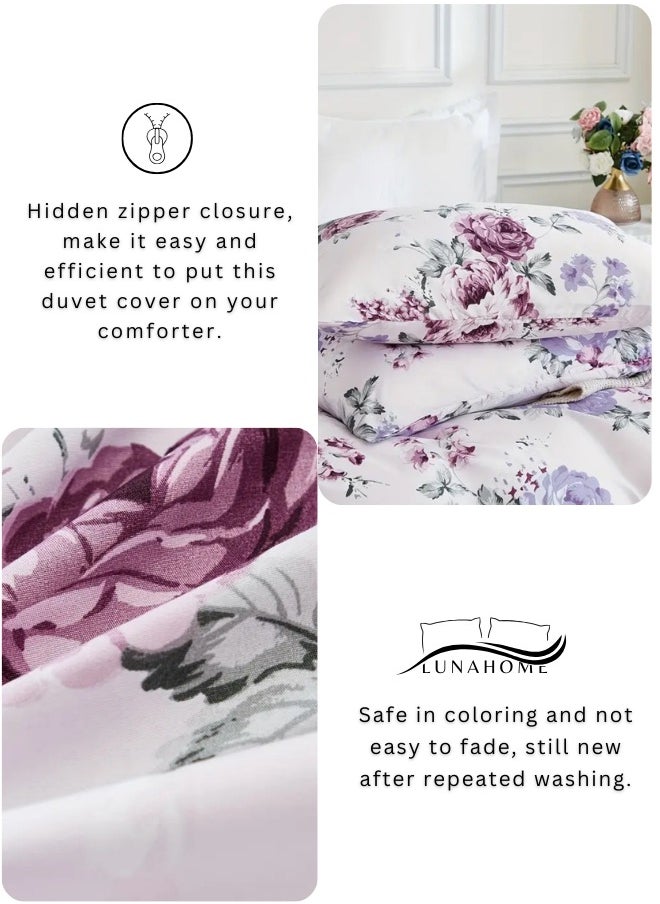 LUNA Home - King size 6 piece bedding set, white bed linen with purple floral pattern. - Image 1