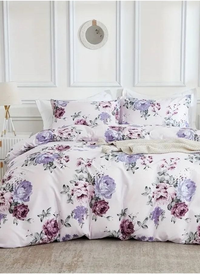 LUNA Home King size 6 piece bedding set, white bed linen with purple floral pattern. 