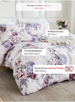 LUNA Home King size 6 piece bedding set, white bed linen with purple floral pattern.  - Image 2
