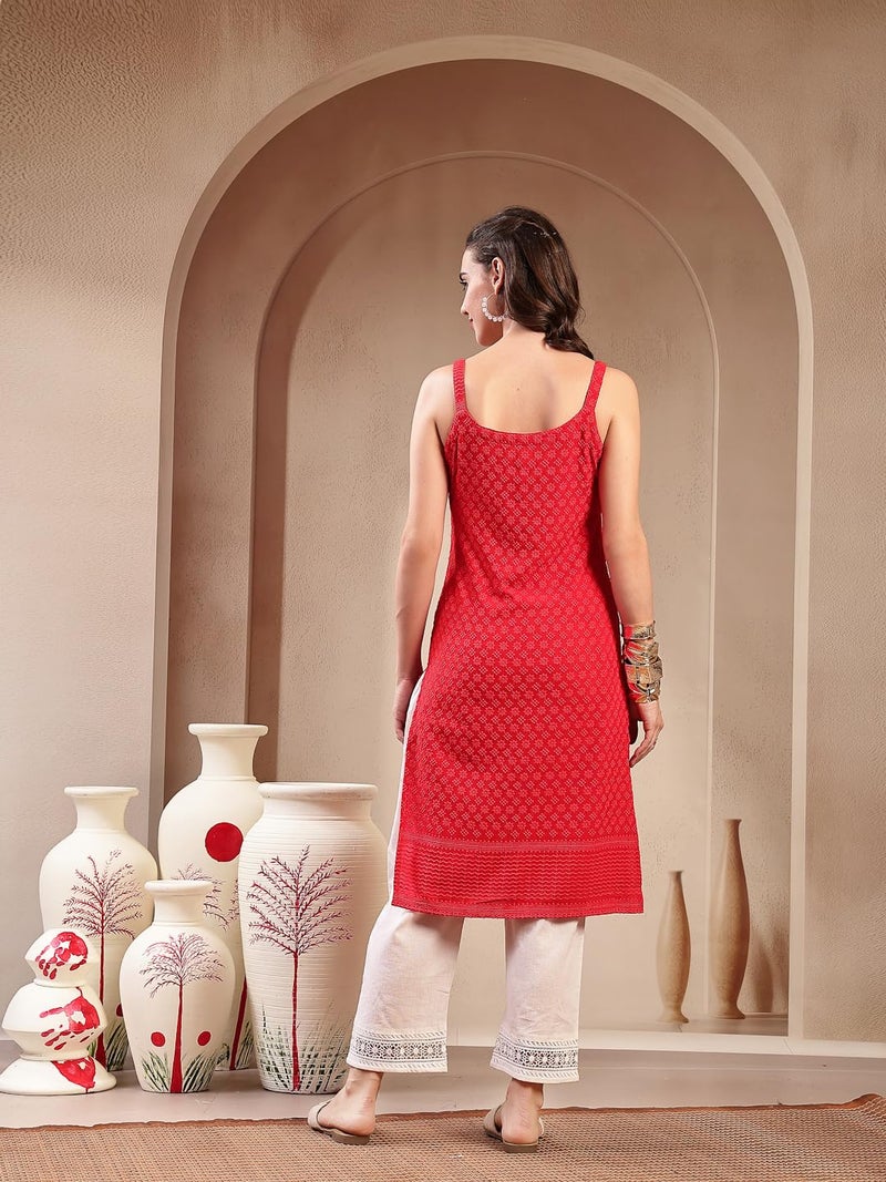 Stylum Women's Red Chikankari Rayon Straight Kurta - Image 2