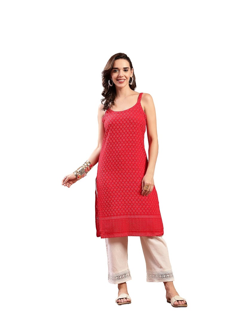Stylum Women's Red Chikankari Rayon Straight Kurta - Image 1