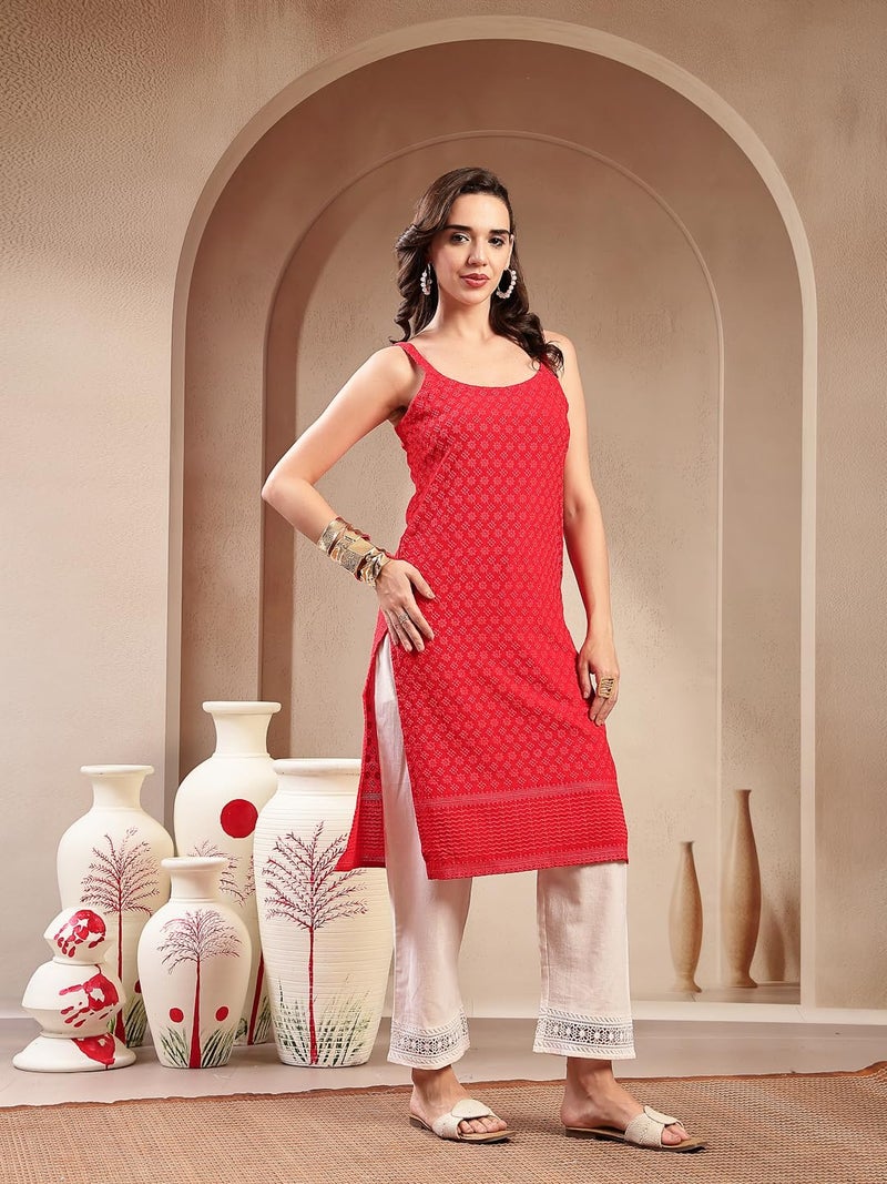 Stylum Women's Red Chikankari Rayon Straight Kurta - Image 3